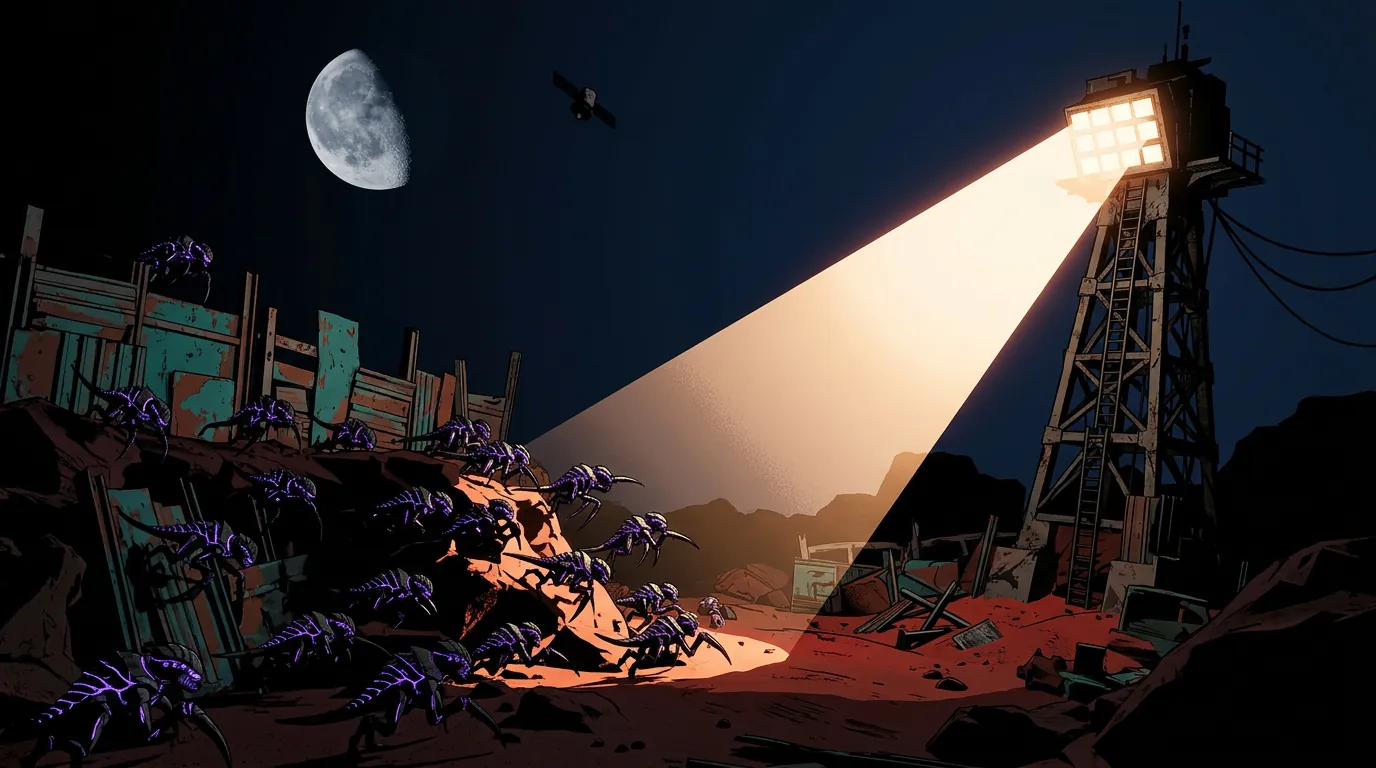 Concept art: a floodlight tower burns a beam across the dark while Nyxari climb the camp’s scrap walls