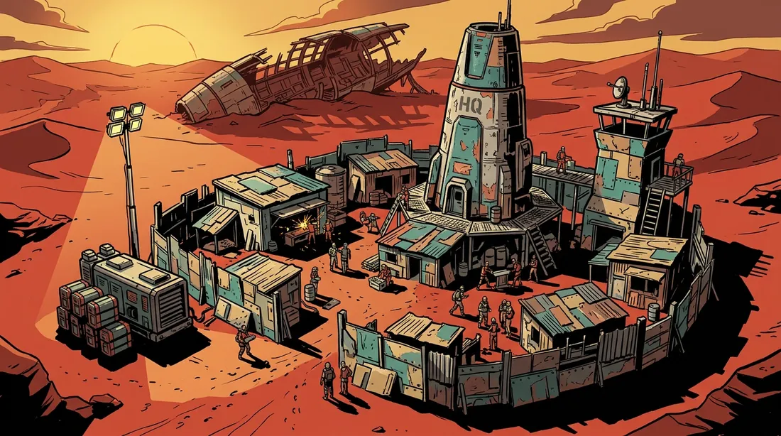 Concept art: Haven, a village of patched shacks and scrap walls built beside the wreck, in hard amber daylight