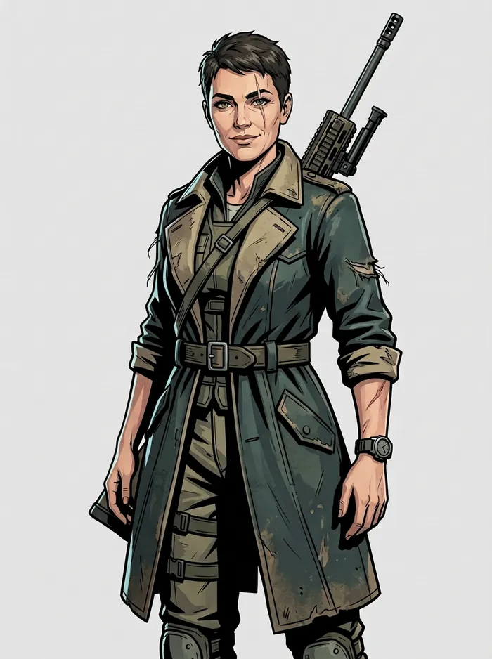 Concept art: Commander Mara Kestrel in a battered greatcoat with the insignia torn off, rifle on her shoulder
